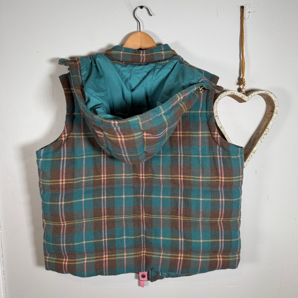 Boden Teal Brown Pink Yellow Plaid Pembroke Hooded Puffer Vest Size 16 - Picture 3 of 16